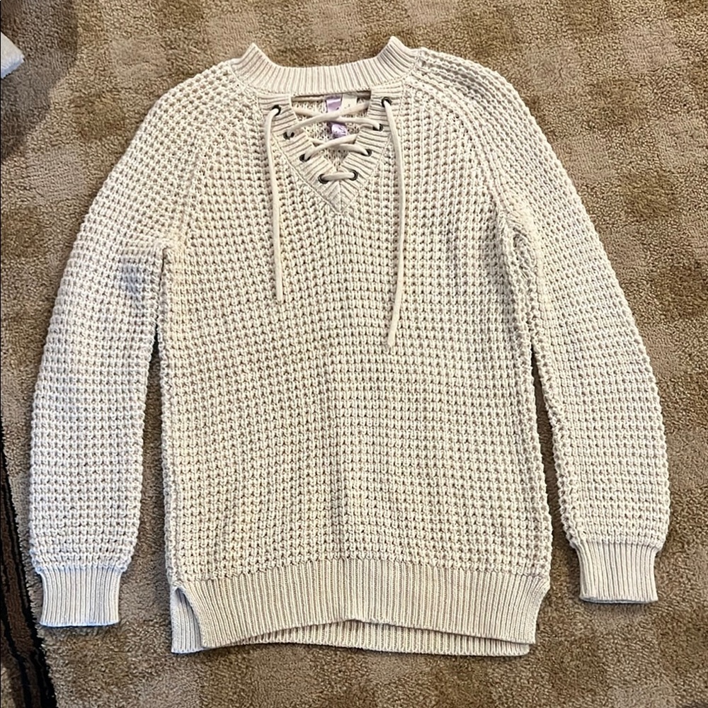 Women's Cream Sweater with Lace-Up Detail